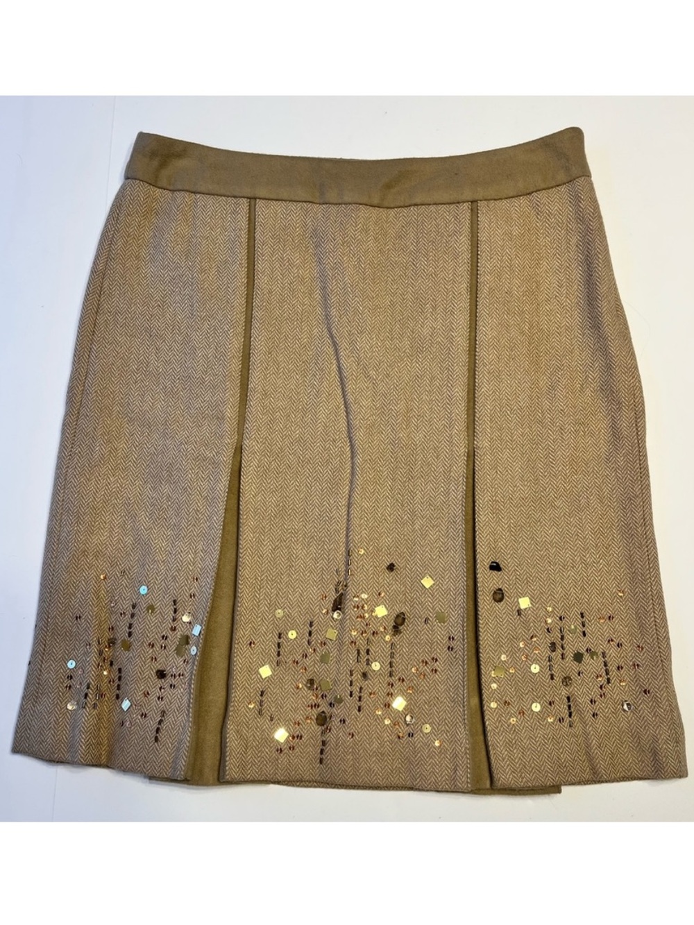 Loft Petites Wool Blend Embellished Sequins Herringbone Print Box Pleated Skirt